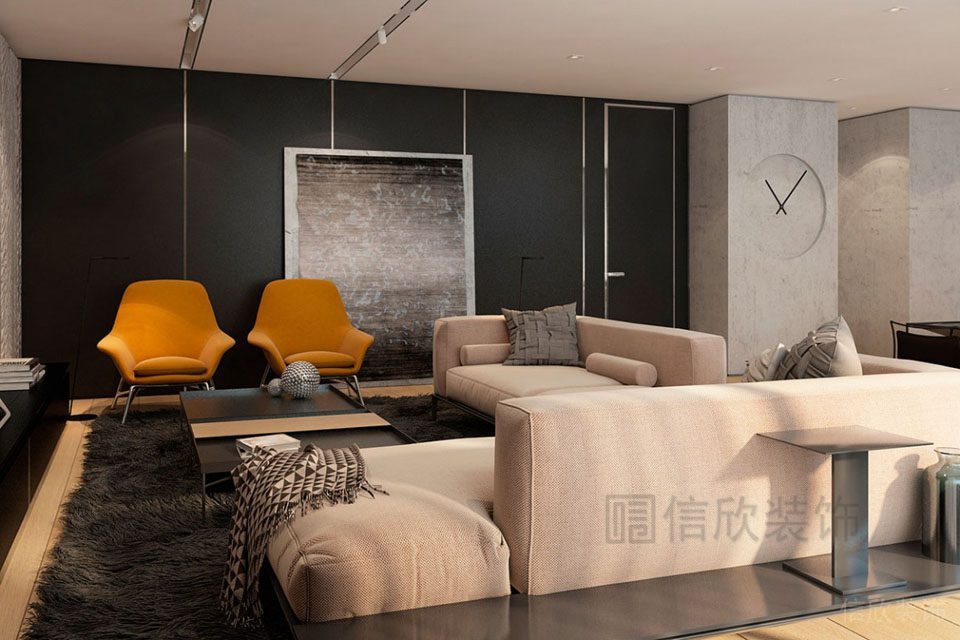 布藝沙發(fā)大廳裝修效果圖內(nèi)嵌式墻柱設(shè)計時鐘簡約風(fēng)
