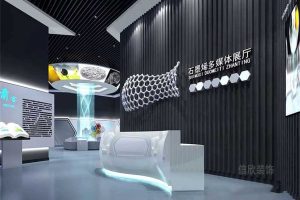 辦公室裝修設(shè)計(jì)石墨金多媒體展廳前臺(tái)缺黑色條紋形象版光面前臺(tái)桌裝修