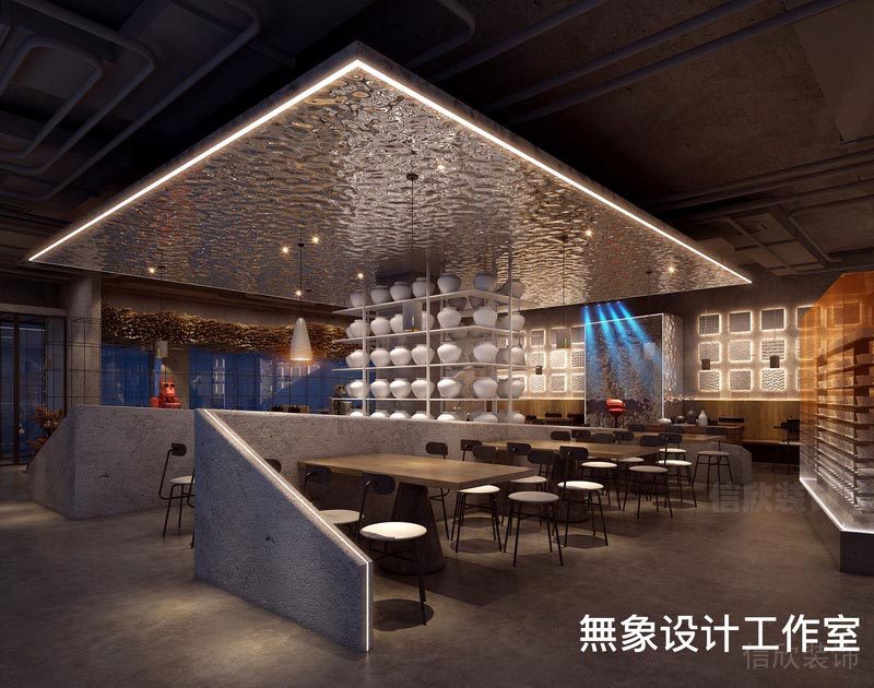 福田餐廳裝修燒烤店設(shè)計效果圖水波紋不銹鋼壓花吊頂