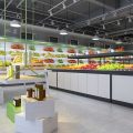水果售賣區(qū)域超市裝修效果圖天花吊頂秋千室產(chǎn)品展示區(qū)黑白色調(diào)工業(yè)風(fēng)射燈裝修效果
