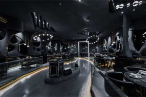 深圳鹽田后現(xiàn)代黑灰色系餐飲店裝修設計大廳效果圖